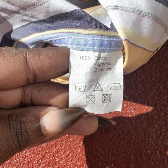 McKenzie Tribe striped button-up shirt in yellow, blue, and white. XL - Picture 6 of 9